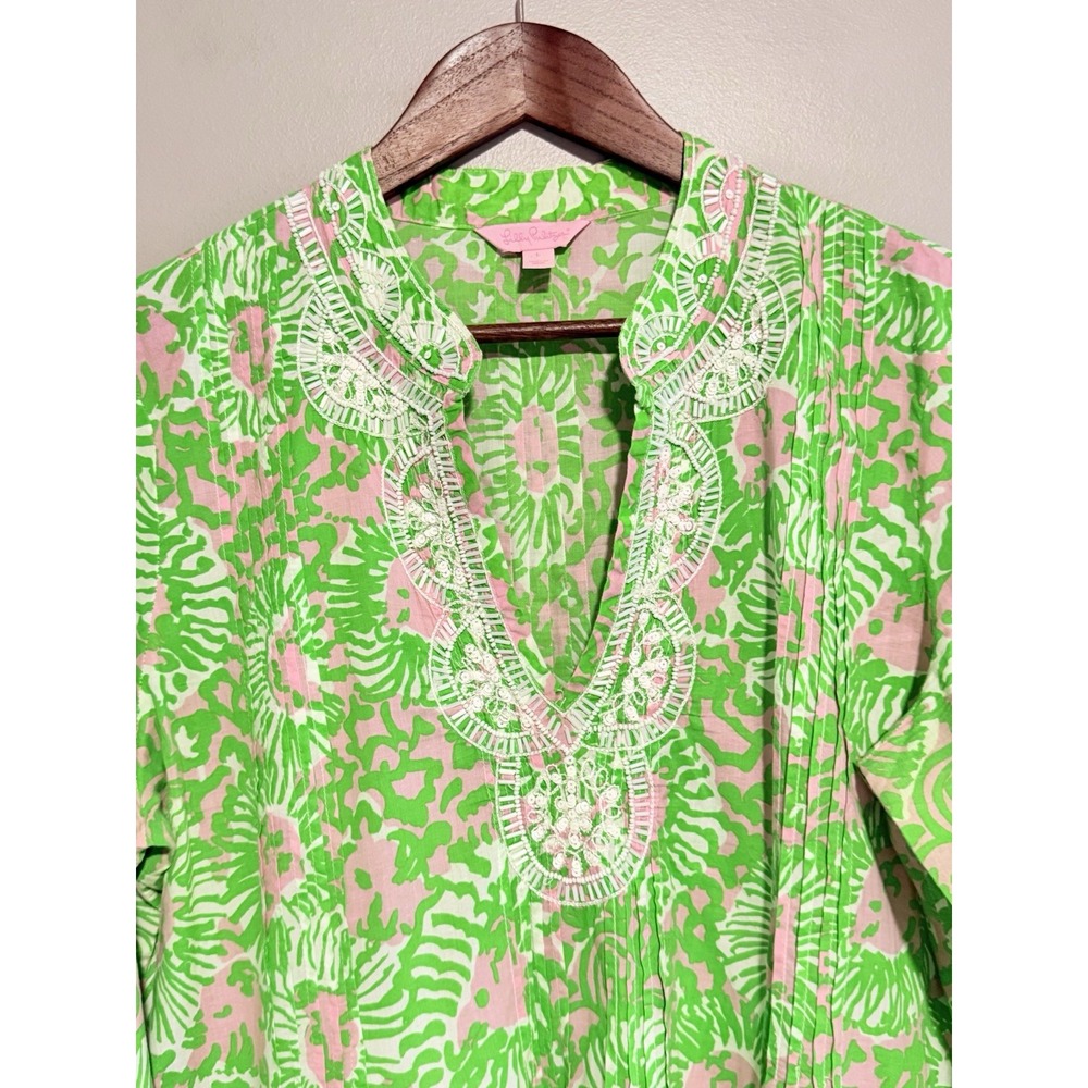 Lilly Pulitzer Sarasota Beaded Pintuck Tunic Top Large Resort Vacation Beach - Picture 3 of 16